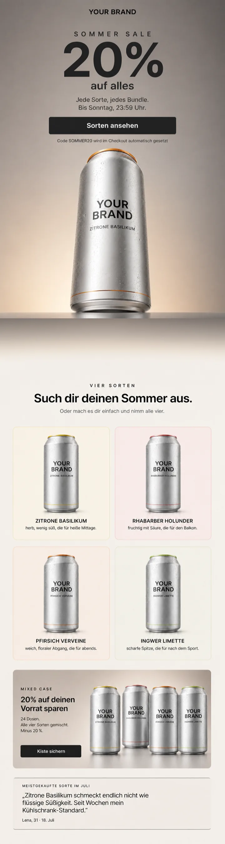 Fertig gestaltete Sale-Kampagne mit Rabatt-Headline und Produktreihe, von SynqFlow Designer entworfen